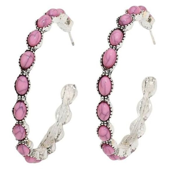 Silver pastel pink bohemian turquoise hoops large earrings - Picture 1 of 4